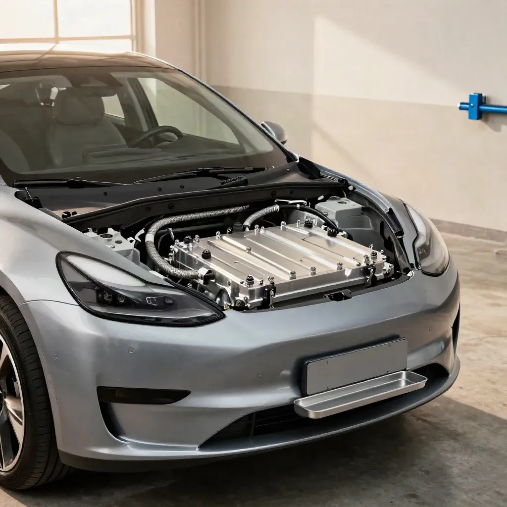 Silver EV front cooling module open, new battery cooling kit installed in a bright workshop.