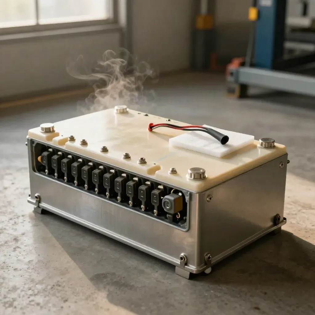 Open EV battery bay with sensor nodes, replacement thermistor, and clipped loom on a foam mat.