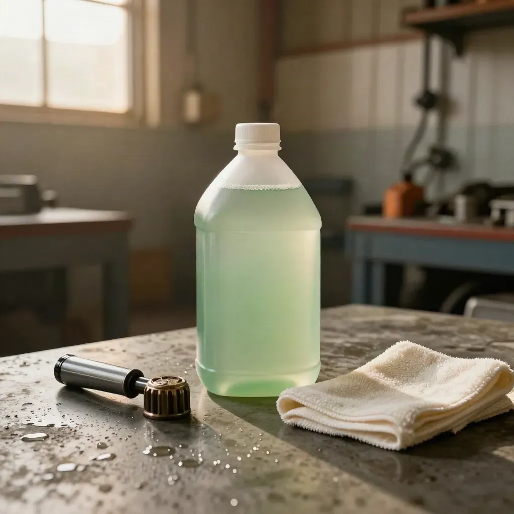 Coolant sample bottle, reservoir cap, torch and cloth on a damp EV workshop worktop