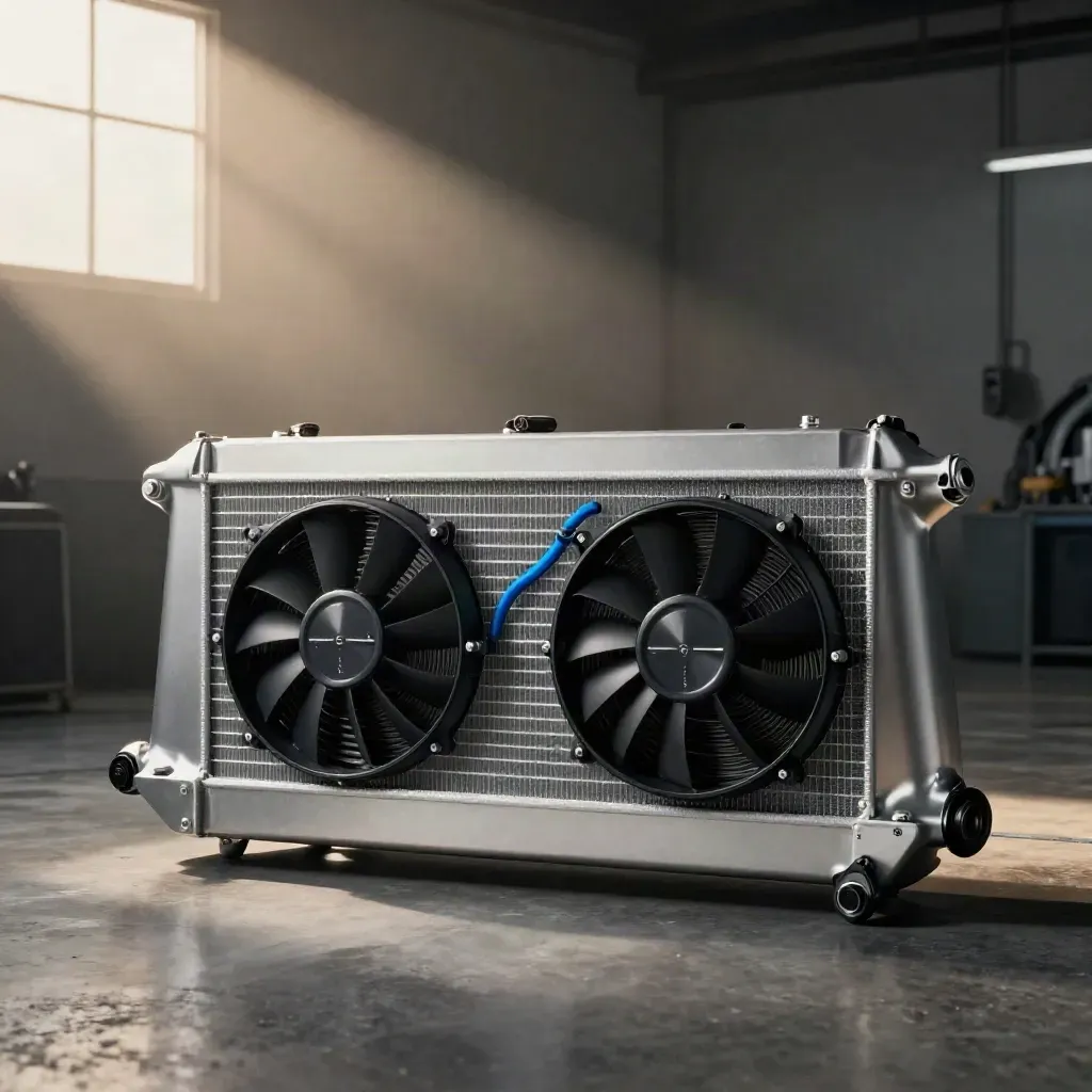EV cooling module with twin fans and radiator behind bumper beam in a dim workshop