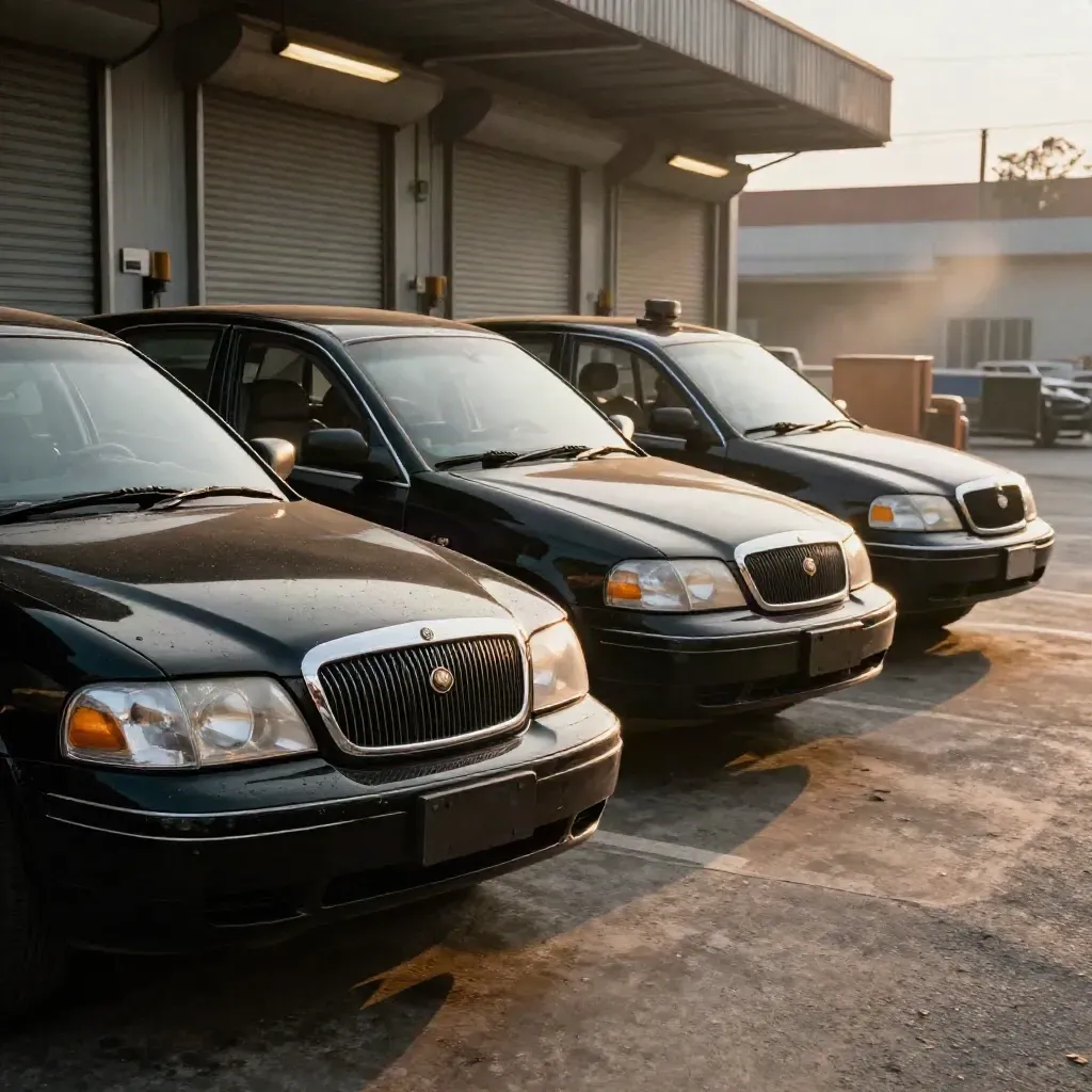 Three black taxis in a depot lane after cooling upgrades, warm evening light, quiet and ready