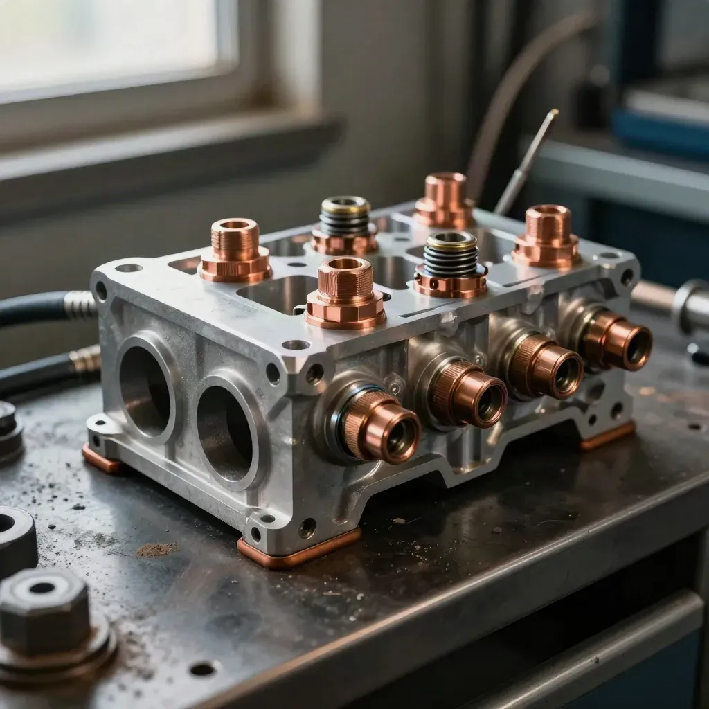 Macro of EV cooling manifold block, copper fittings and thermal probes on a steel bench.