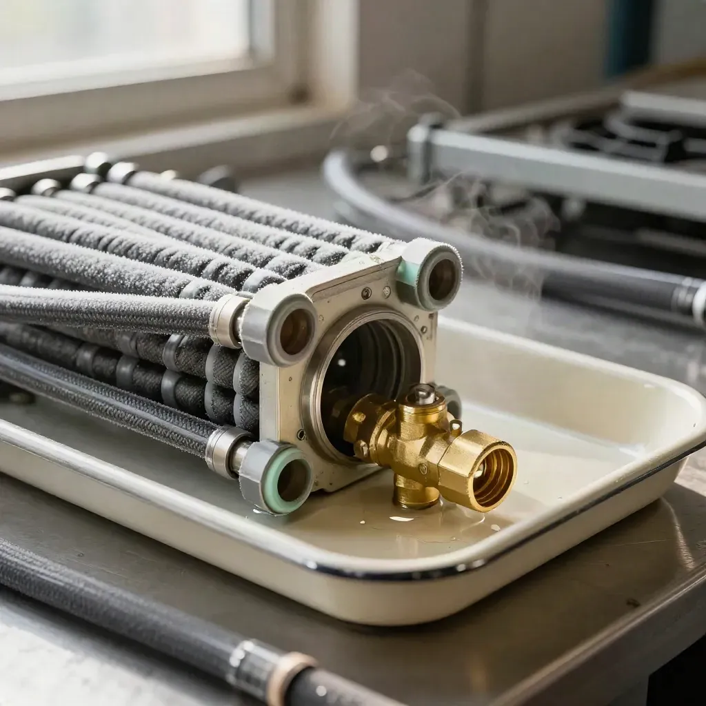 Frosted heat-pump coil with hoses and brass valve core on a pale service tray.