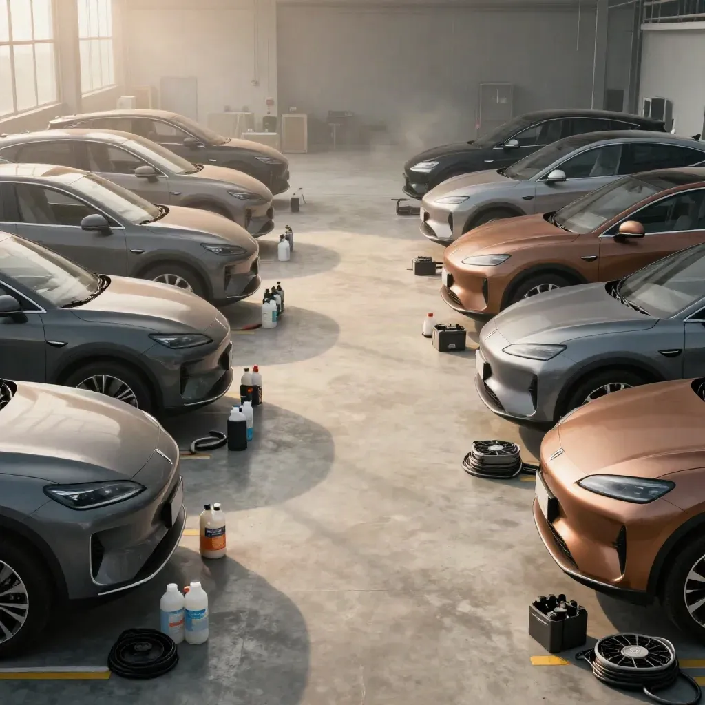 Seven fleet EVs lined in a workshop lane beside coolant kits, with haze and clear bays behind.