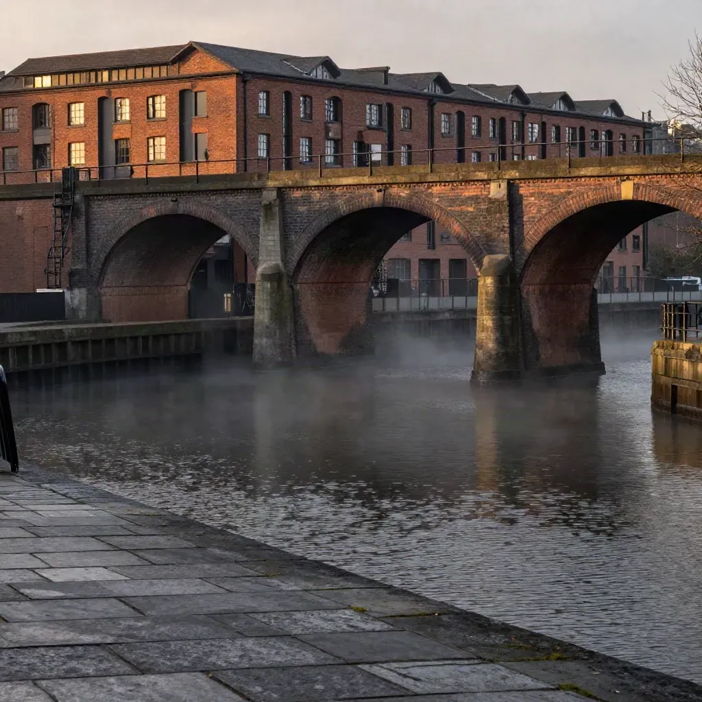 West Midlands canal arches and water in copper dusk haze